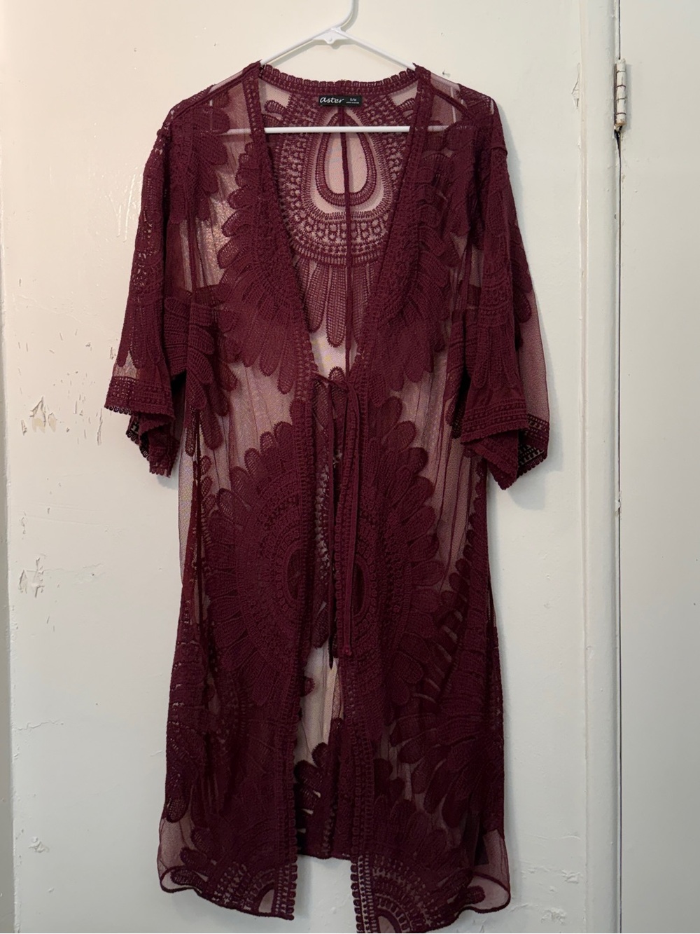 Aster Burgundy Sheer Lace Kimono Cardigan Duster Size S/M